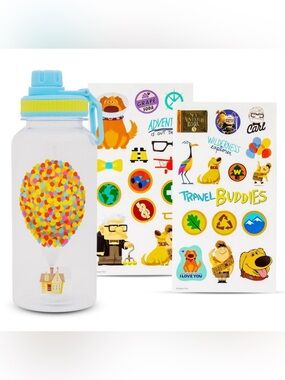 Disney Pixar Clear Sticker Water Bottle with Yellow & Blue Accents
